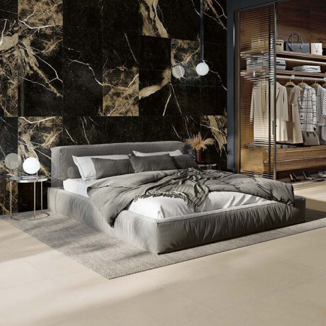 Lielformāta gres flīze 120x280 cm, melna, spīdīga, ar zelta dzīslu, rektificēta A4H195 Pierre Black #6