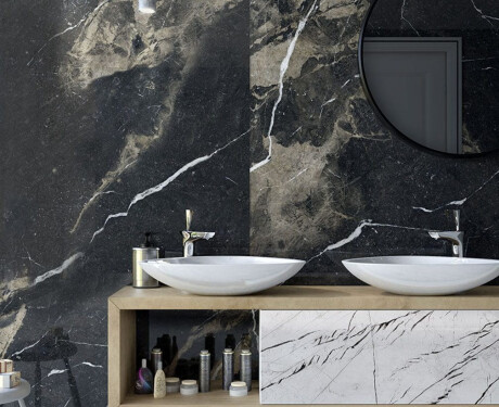Lielformāta keramikas flīze 120x270 cm, melna, matēta, ar zelta dzīslu, rektificēta A4H196 Pierre Black