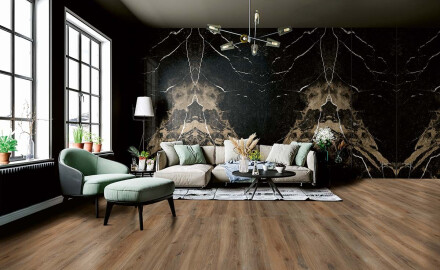 Lielformāta gres flīzes grīdai 120x280 cm, „Bookmatch“, melnas, spīdīgas, ar zelta dzīslu, rektificētas, A4H203 Pierre Black
