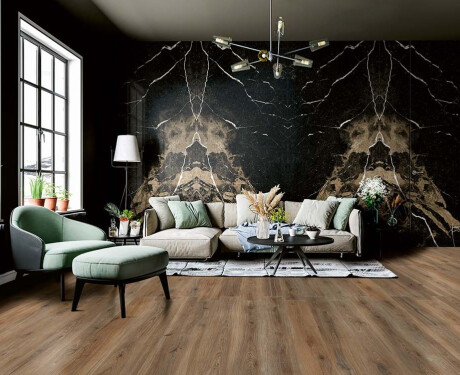 Lielformāta gres flīzes grīdai 120x280 cm, „Bookmatch“, melnas, spīdīgas, ar zelta dzīslu, rektificētas, A4H203 Pierre Black