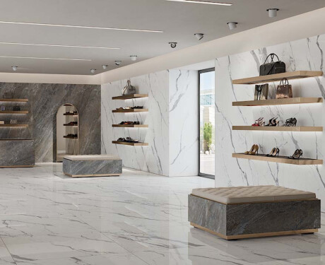 Lielformāta glancēta gres flīze 120x270 cm ar pelēku dzīslu, rektificēta A4H451 Statuario Superiore