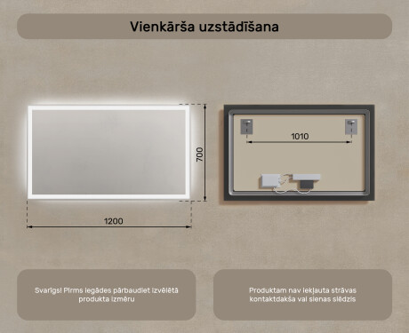 Prostokątne Lustro Łazienkowe Podświetlane 120x70cm z zimną barwą LED 7000K, ciepłą barwą 3000K lub barwą neutralną 4500K #7