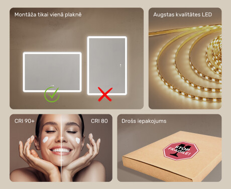 Dizaina LED vannas istabas spogulis 100x70cm ar dubultkrāsu, skārienjutīgo slēdzi, atdalītāju, Bluetooth skaļruni - L141 #6