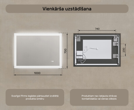 Taisnstūra vannasistabas spoguļi ar apgaismojumu 100x70 cm ar divu krāsu režīmu, skārienjutīgu slēdzi, pretsvīšanas funkciju #8