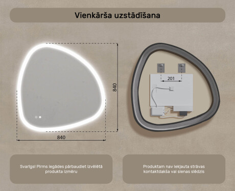 Neregulārs spogulis ar apgaismojumu, 84×84 cm, divkrāsu, skārienjūtīgs slēdzis, apsildes paklājiņš #8