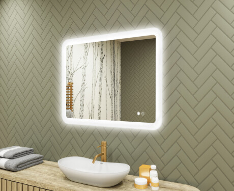 Noapaļots vannas istabas spogulis ar LED apgaismojumu, 80×60 cm, divkrāsu, skārienjūtīgs slēdzis, apsildes paklājiņš