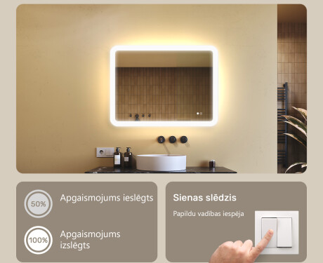 Noapaļots vannas istabas spogulis ar LED apgaismojumu, 80×60 cm, divkrāsu, skārienjūtīgs slēdzis, apsildes paklājiņš #4
