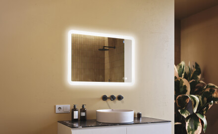 Noapaļots vannas istabas spogulis ar LED apgaismojumu, 100×70 cm, divkrāsu, skārienjūtīgs slēdzis, apsildes paklājiņš
