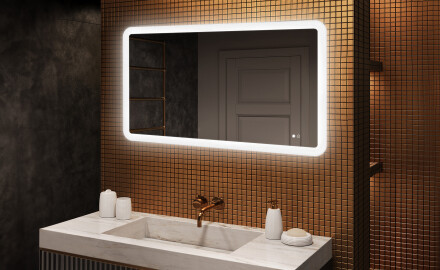 Noapaļots vannas istabas spogulis ar LED apgaismojumu, 120×70 cm, divkrāsu, skārienjūtīgs slēdzis, apsildes paklājiņš