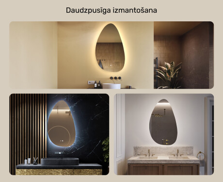 Neregulārs spogulis ar apgaismojumu, 64×104 cm, divkrāsu, skārienjūtīgs slēdzis, apsildes paklājiņš #2