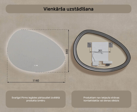 Neregulārs spogulis ar apgaismojumu, 114×84 cm, divkrāsu, skārienjūtīgs slēdzis, apsildes paklājiņš #8