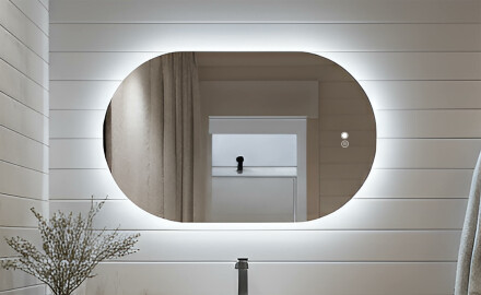 Ovāls spogulis ar LED apgaismojumu 80x50/50x80 cm, divu krāsu, pieskāriena slēdzis, sildīšanas paklājs