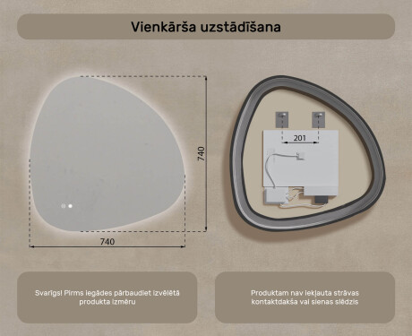 Neregulārs spogulis ar apgaismojumu, 74×74 cm, divkrāsu, skārienjūtīgs slēdzis, apsildes paklājiņš #8