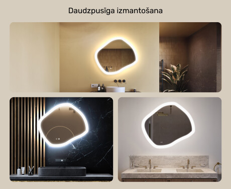 Neregulāras formas izgaismots vannasistabas spogulis 84x74 cm ar divām gaismas krāsām, skārienjutīgu slēdzi un apsildes paklājiņu #2