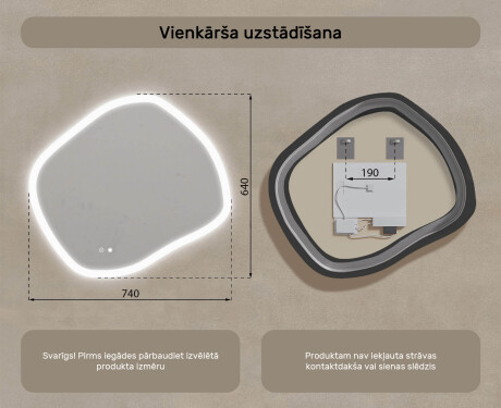 Neregulāras formas izgaismots vannasistabas spogulis 84x74 cm ar divām gaismas krāsām, skārienjutīgu slēdzi un apsildes paklājiņu #7
