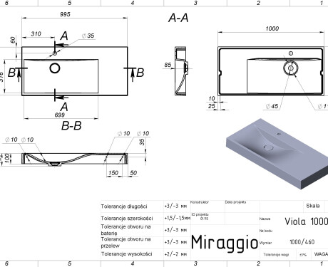 Izlietne VIOLA 1000 L MATT