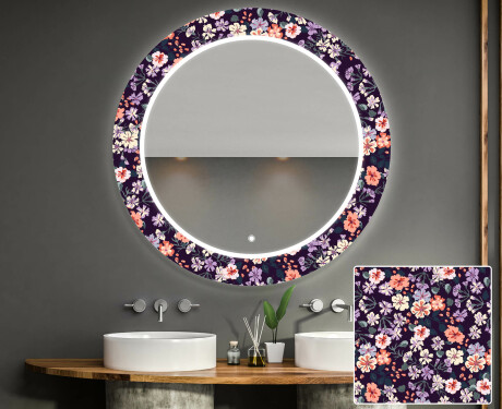 Okrągłe lustro do łazienki dekoracyjne z oświetleniem LED - Elegant Flowers