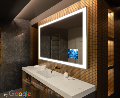 Dizainera LED vannas istabas viedais spogulis ar aizmugurējo apgaismojumu L01 Google sērija