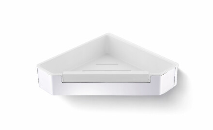 Stūra grozs 22x22x5,5 ar savilcēju / pulēta tērauda / balts plastmasas ieliktnis